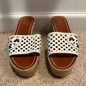 Tory Burch White Leather Lattice Espadrille Wedge Slides